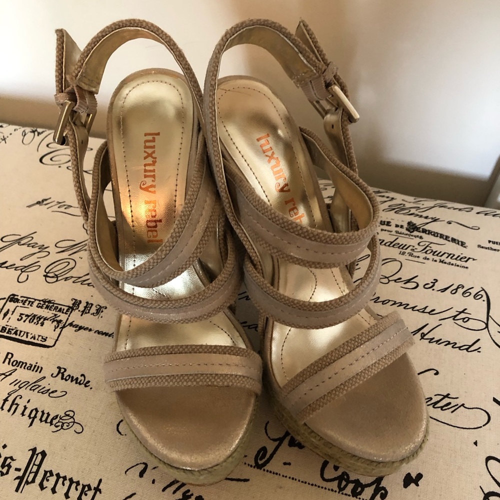 Shoes;Luxury Rebel; Slingback; Woven Platform; Faux Wood Heel;Triple Straps